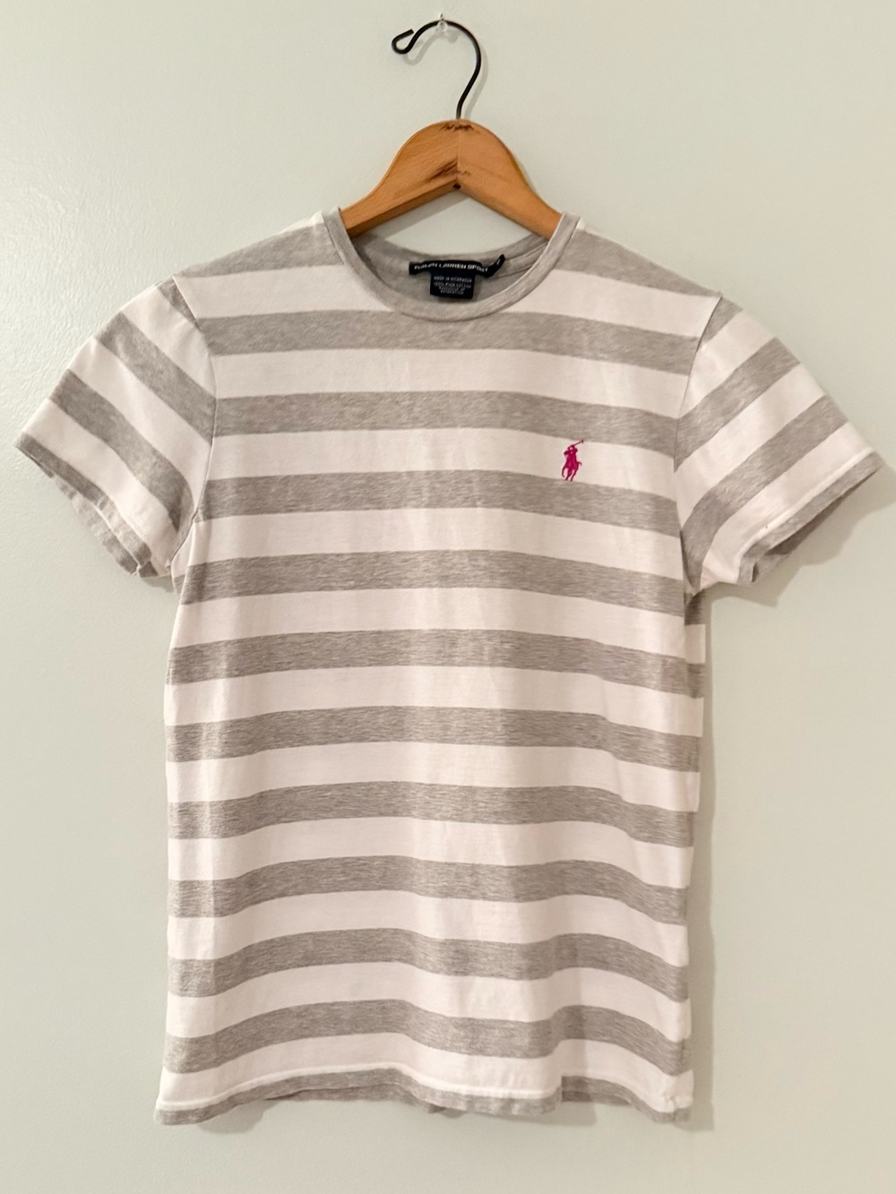 Vintage Ralph Lauren Sport Striped Crewneck Tee - White, Light Gray & Pink Logo